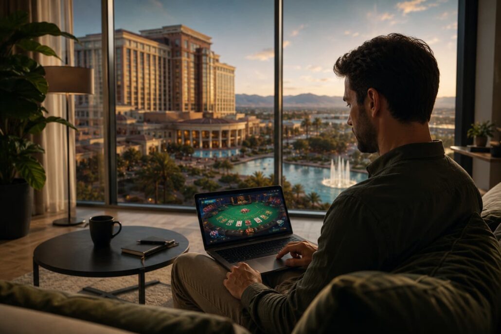 How Virtual Gaming Platforms Reduce the Carbon Footprint of Resorts – person using an online casino platform at home instead of visiting a physical resort casino, highlighting sustainable digital gaming and reduced carbon emissions