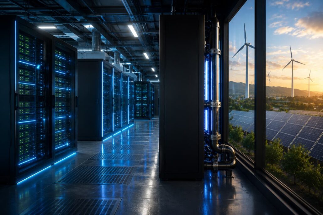 Digital Infrastructure vs. Concrete: A Carbon Comparison – modern green data center powering online casino platforms with energy-efficient servers and renewable technology